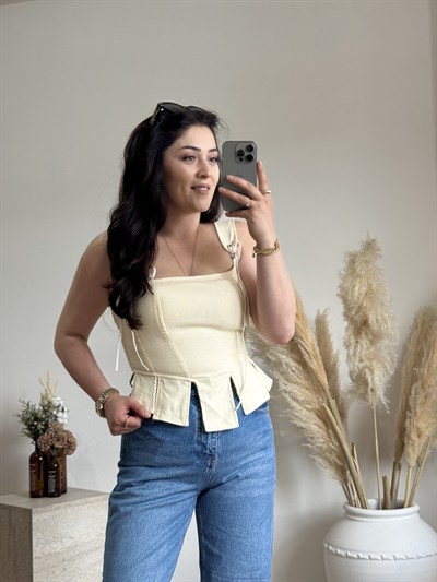 Korse Detaylı Poplin Bluz-Sarı