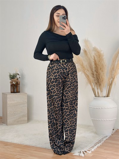 Leopar Desenli Kemerli Pantolon