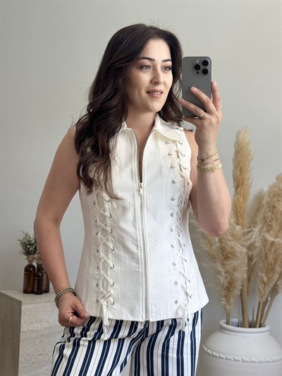 Marin Bağcık Detaylı Yelek-Beyaz