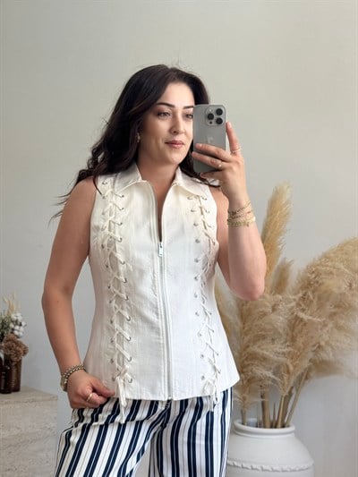Marin Bağcık Detaylı Yelek-Beyaz
