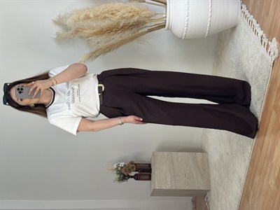 Nakış Detaylı Basic Tişört-Kahve