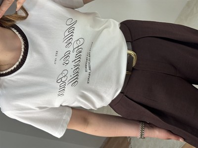 Nakış Detaylı Basic Tişört-Kahve
