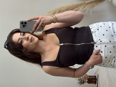 Ön Fermuar Detaylı Fit Crop Bluz-Kahve