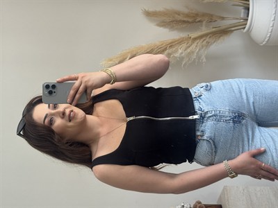 Ön Fermuar Detaylı Fit Crop Bluz-Siyah