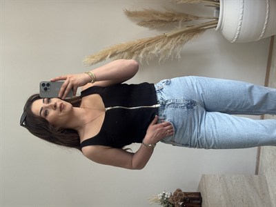 Ön Fermuar Detaylı Fit Crop Bluz-Siyah