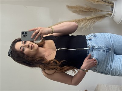 Ön Fermuar Detaylı Fit Crop Bluz-Siyah