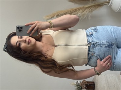 Ön Fermuar Detaylı Fit Crop Bluz-Taş