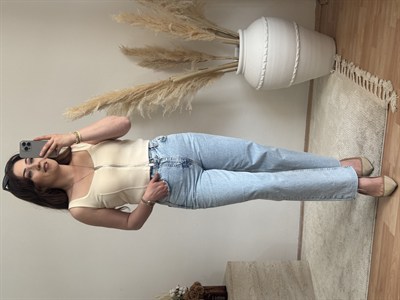 Ön Fermuar Detaylı Fit Crop Bluz-Taş
