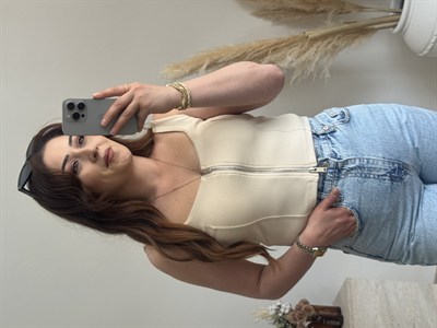 Ön Fermuar Detaylı Fit Crop Bluz-Taş
