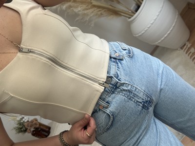 Ön Fermuar Detaylı Fit Crop Bluz-Taş