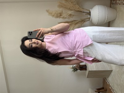 Poplin Bağlama Detaylı Bluz-Pembe