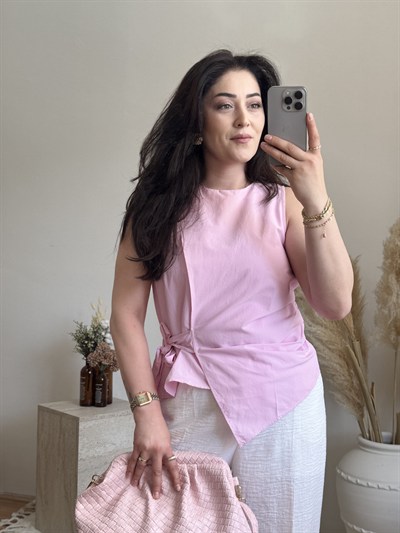 Poplin Bağlama Detaylı Bluz-Pembe