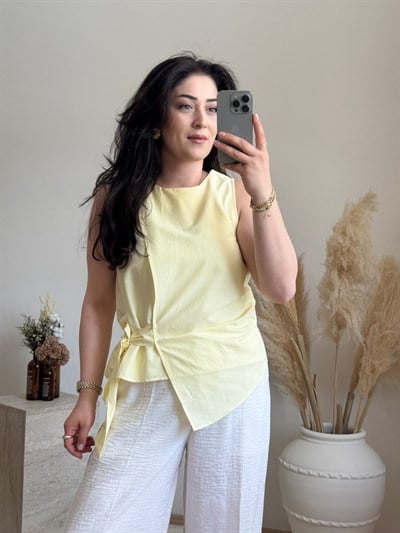 Poplin Bağlama Detaylı Bluz-Sarı