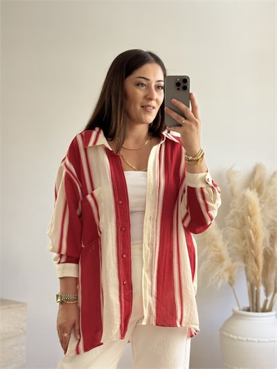 Premium Oversize Çizgili Gömlek-Kırmızı