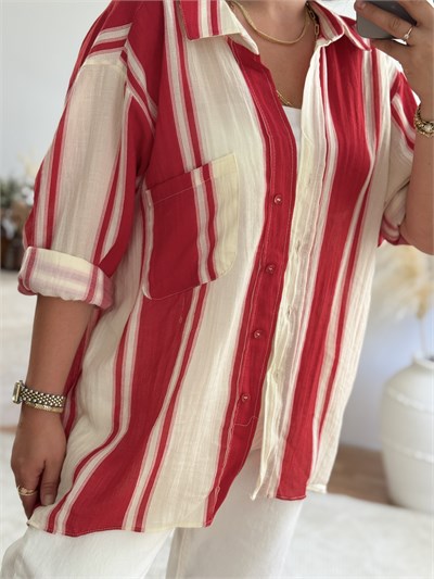 Premium Oversize Çizgili Gömlek-Kırmızı