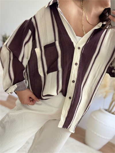 Premium Oversize Çizgili Gömlek-Mürdüm