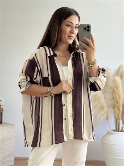 Premium Oversize Çizgili Gömlek-Mürdüm