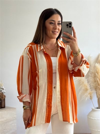 Premium Oversize Çizgili Gömlek-Turuncu