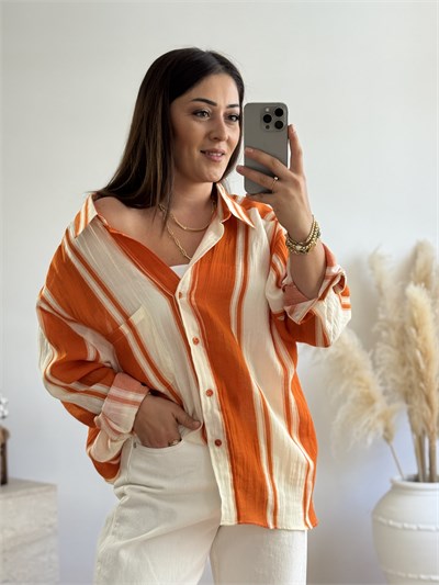 Premium Oversize Çizgili Gömlek-Turuncu