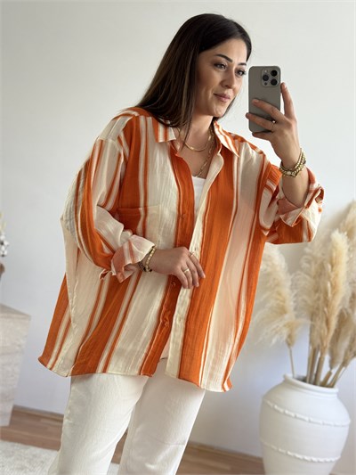 Premium Oversize Çizgili Gömlek-Turuncu