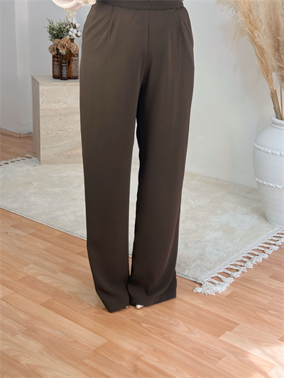Premium Yüksek Bel Düz Paça Pantolon-Kahve