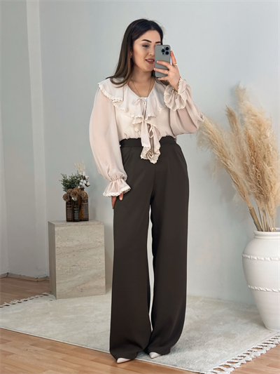 Premium Yüksek Bel Düz Paça Pantolon-Kahve