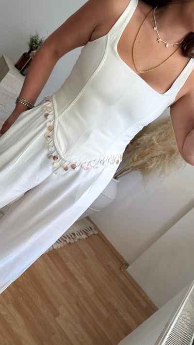 Pul Detaylı Sırt Bağlamalı Büstiyer-Beyaz