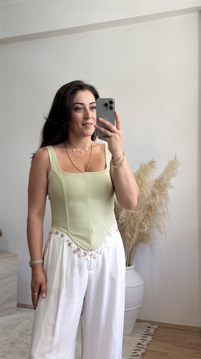 Pul Detaylı Sırt Bağlamalı Büstiyer-Mint