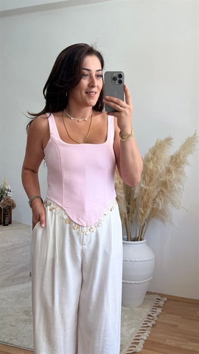 Pul Detaylı Sırt Bağlamalı Büstiyer-Pembe