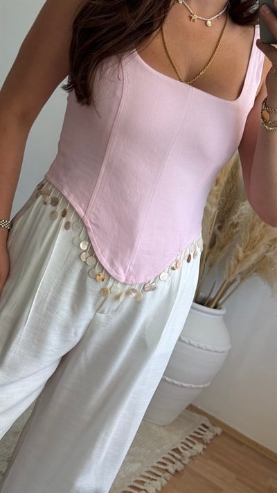 Pul Detaylı Sırt Bağlamalı Büstiyer-Pembe