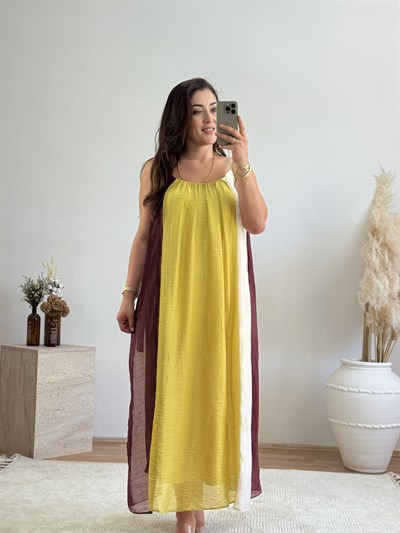 Renk Bloklu Askılı Maxi Elbise-Yağ Yeşili