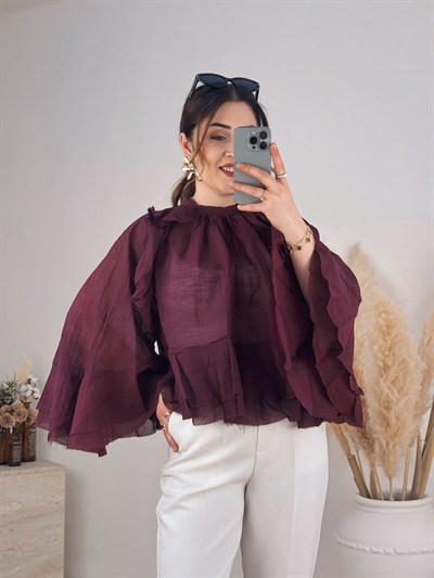 Şifon Volan Detaylı Bluz-Bordo