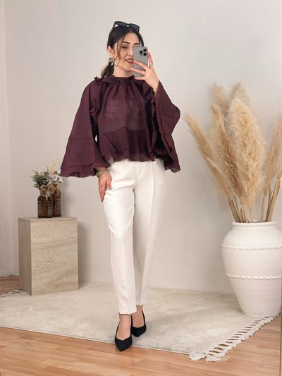 Şifon Volan Detaylı Bluz-Bordo