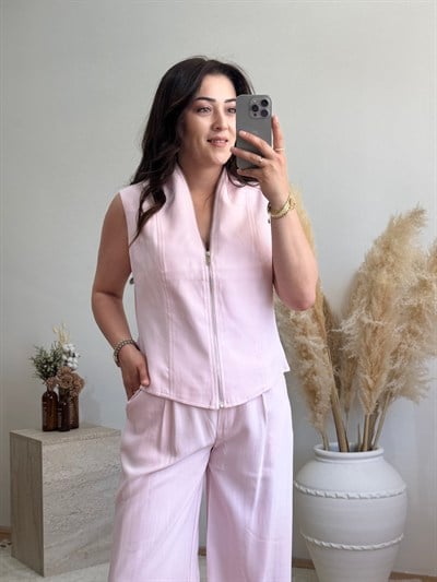 Soft Touch Fermuarlı Yelek Pantolon Takım-Pembe