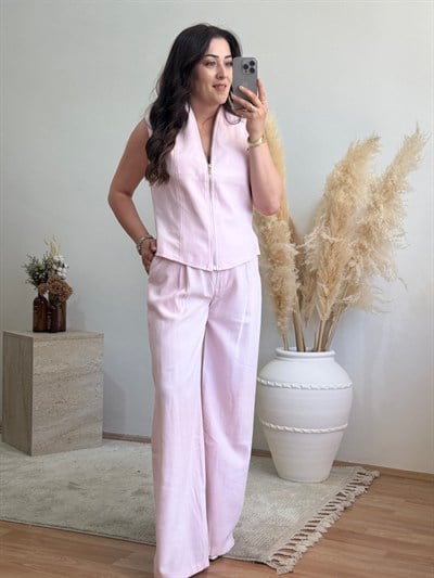 Soft Touch Fermuarlı Yelek Pantolon Takım-Pembe