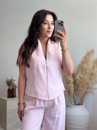 Soft Touch Fermuarlı Yelek Pantolon Takım-Pembe