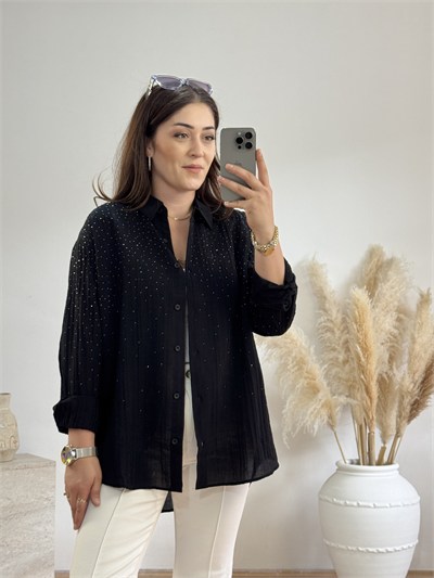 Taş İşlemeli Oversize Gömlek-Siyah