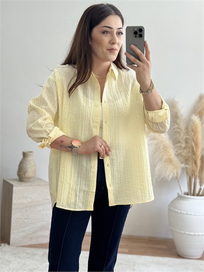 Taş İşlemeli Oversize Gömlek-Sarı