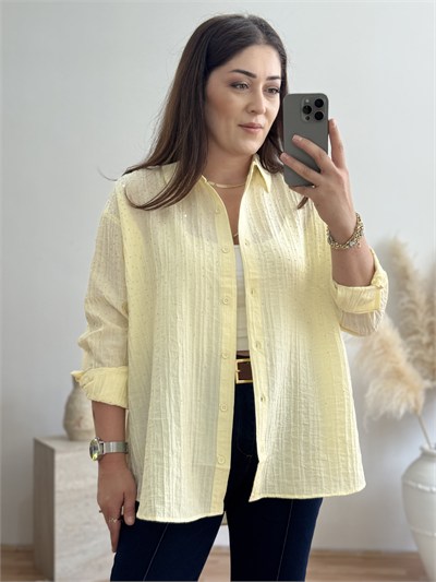Taş İşlemeli Oversize Gömlek-Sarı