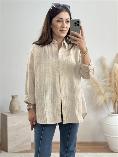 Taş İşlemeli Oversize Gömlek-Taş