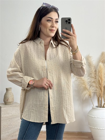 Taş İşlemeli Oversize Gömlek-Taş