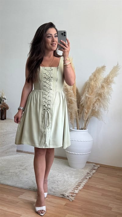 Taş ve Bağcık Detaylı Mini Elbise – Mint
