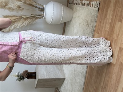 Tasarım Dantel Detay Pantolon Ekru-Pembe