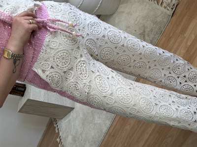 Tasarım Dantel Detay Pantolon Ekru-Pembe
