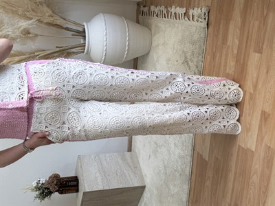 Tasarım Dantel Detay Pantolon Ekru-Pembe
