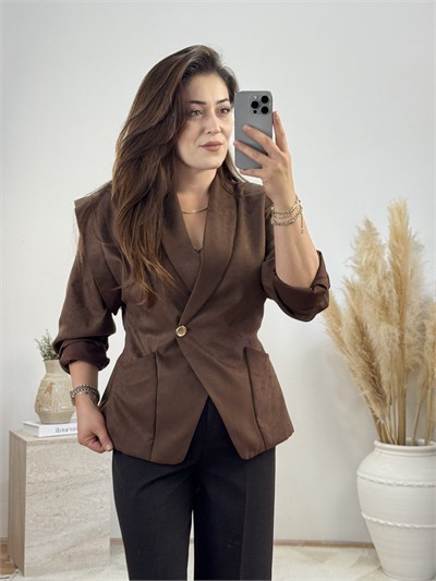 Vatkalı Şal Yaka Tek Düğmeli Blazer Ceket-Kahverengi