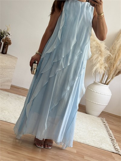 Volan Detaylı Maxi Elbise – Bebe Mavi