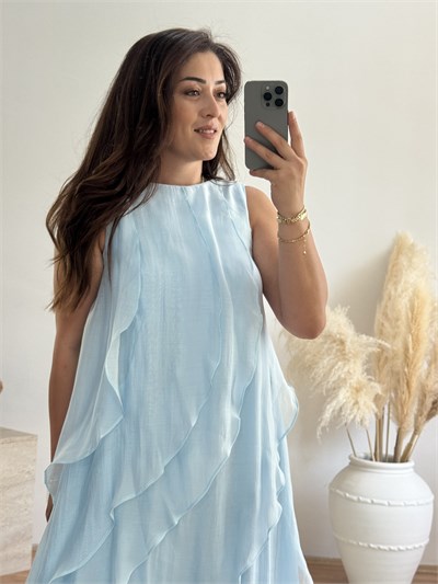 Volan Detaylı Maxi Elbise – Bebe Mavi