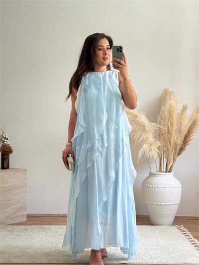 Volan Detaylı Maxi Elbise – Bebe Mavi