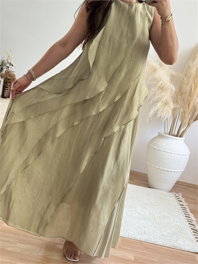 Volan Detaylı Maxi Elbise – Haki